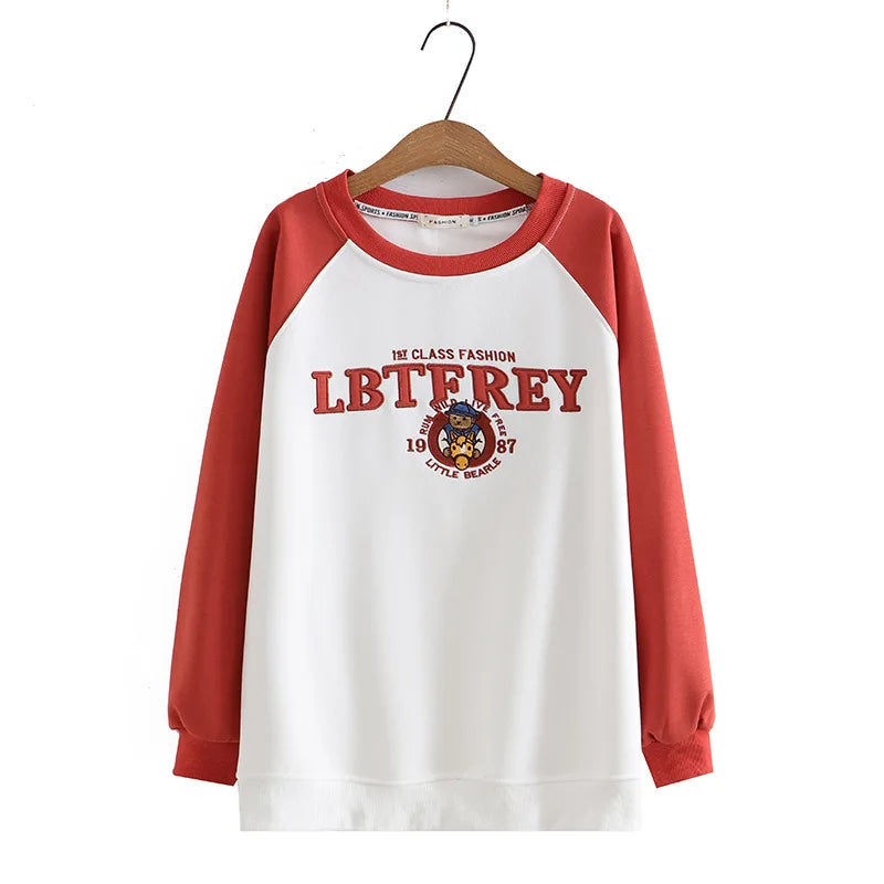 Plus Size Women Hoodie Spring/Autumn Long Sleeve Tops Female Loose Casual Block Color Embroidered Sweatshirt 2203