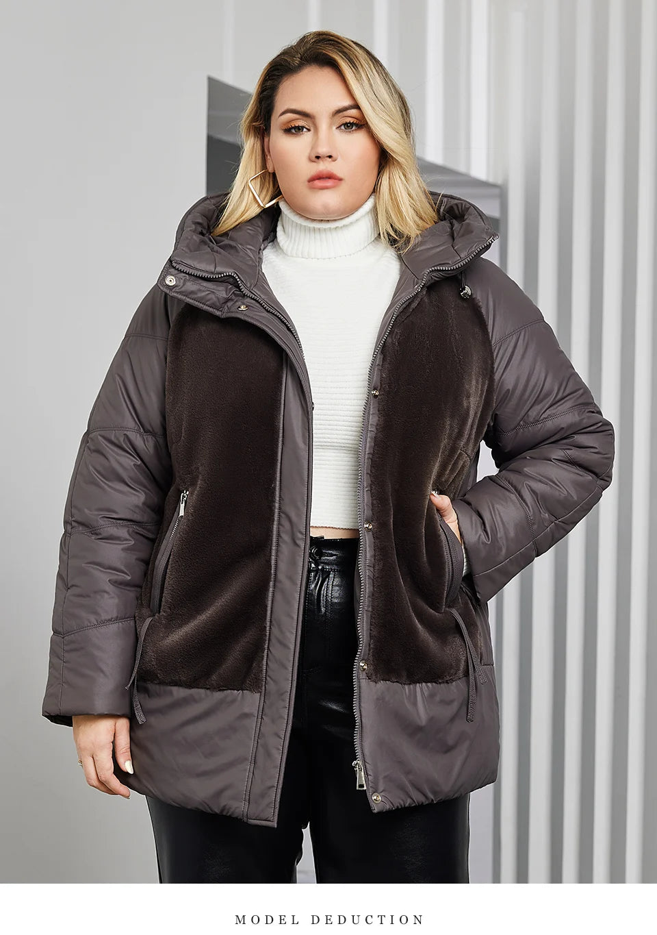 Astrid Plus Size Winter Jacket Women Faux Fur Stitching High Quality Wool Warm Fashion Women's Parka Female Plush Coat Hooded