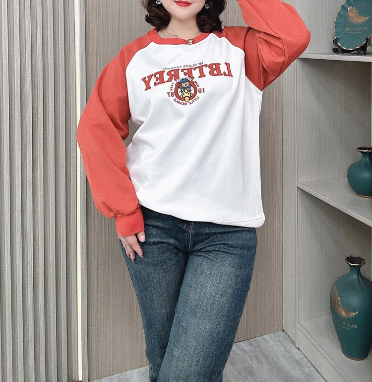 Plus Size Women Hoodie Spring/Autumn Long Sleeve Tops Female Loose Casual Block Color Embroidered Sweatshirt 2203
