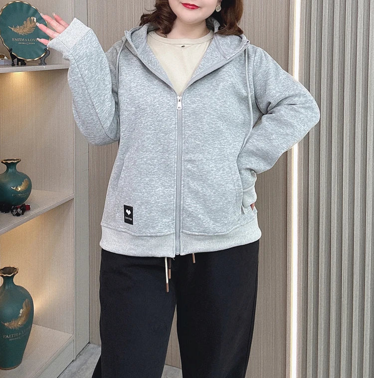 Fall Sports Casual Coat Women 2024 New Plus Size Loose Hooded Sweatshirt Love Label Casual Zip-Up Hoodie 8540