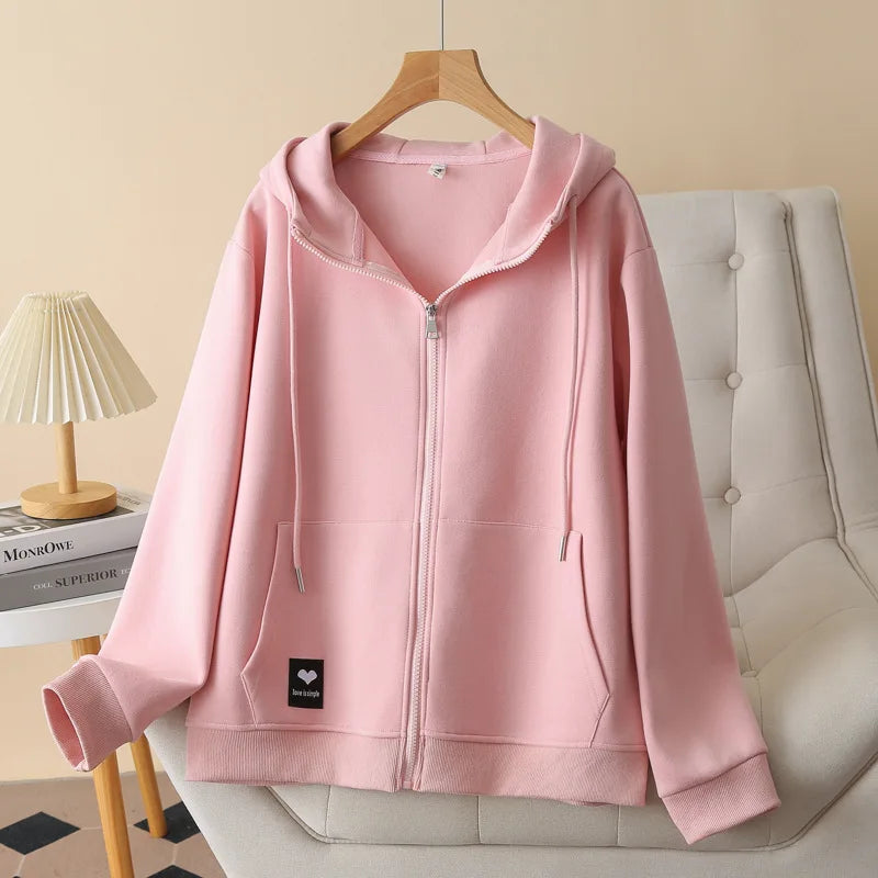 Fall Sports Casual Coat Women 2024 New Plus Size Loose Hooded Sweatshirt Love Label Casual Zip-Up Hoodie 8540