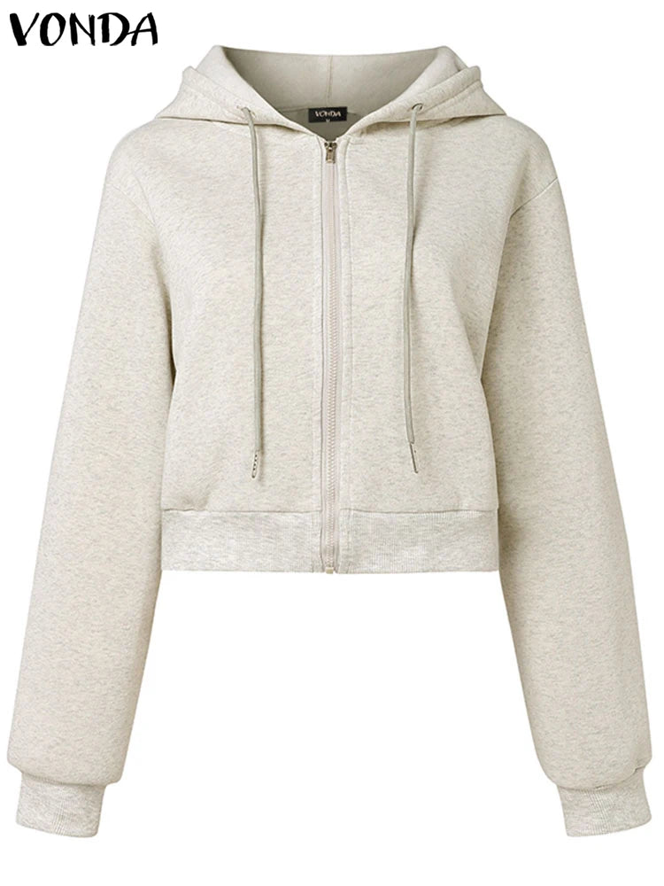 Plus Size VONDA Fashion Hooded Sweatshirts Women Long Sleeve Causal Solid Color Zipper Pullover Soprt Simple Hoodies Oversized