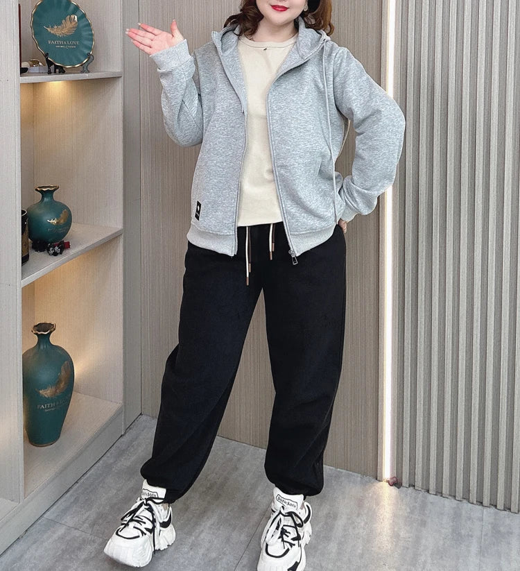 Fall Sports Casual Coat Women 2024 New Plus Size Loose Hooded Sweatshirt Love Label Casual Zip-Up Hoodie 8540
