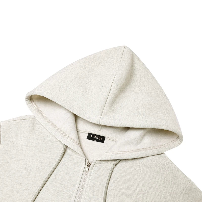 Plus Size VONDA Fashion Hooded Sweatshirts Women Long Sleeve Causal Solid Color Zipper Pullover Soprt Simple Hoodies Oversized