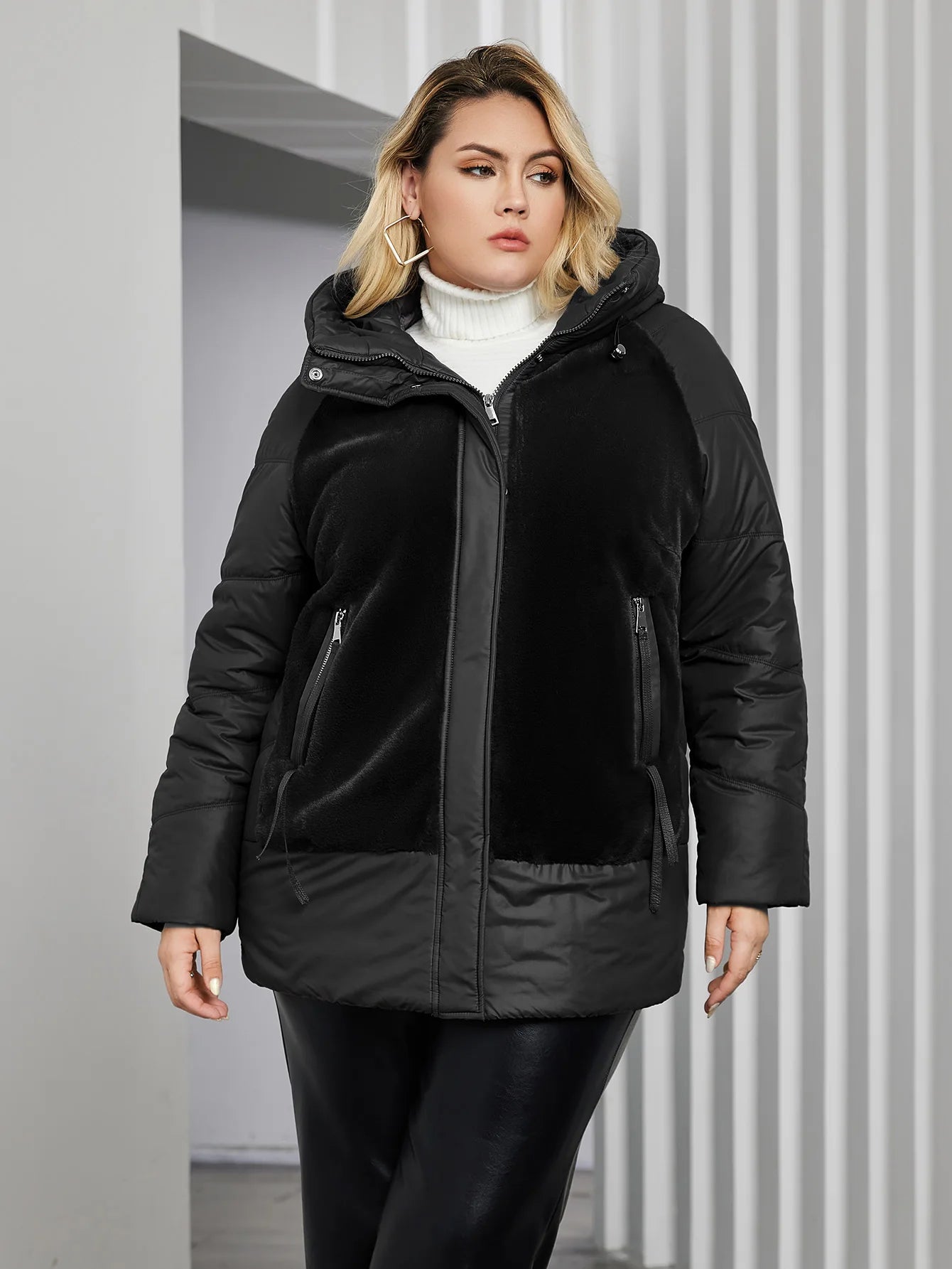 Astrid Plus Size Winter Jacket Women Faux Fur Stitching High Quality Wool Warm Fashion Women's Parka Female Plush Coat Hooded
