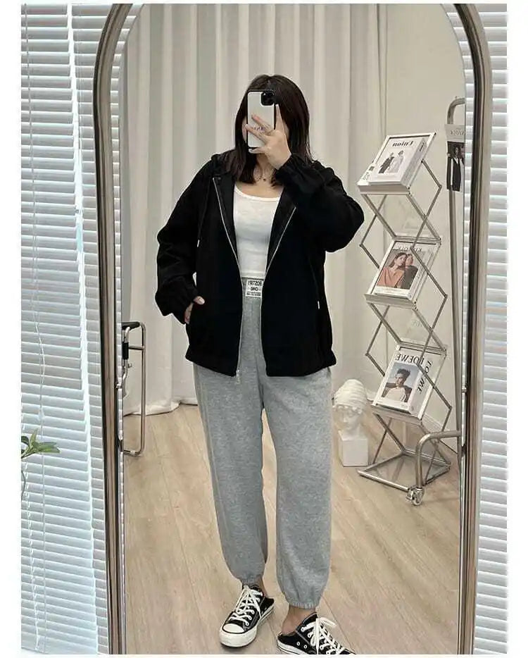 2022 Autumn New Fashion Temperament Korean Plus Size Hoodies Women Loose Casual Waffle Sweatshirt Jacket Solid Elegant Cardigan