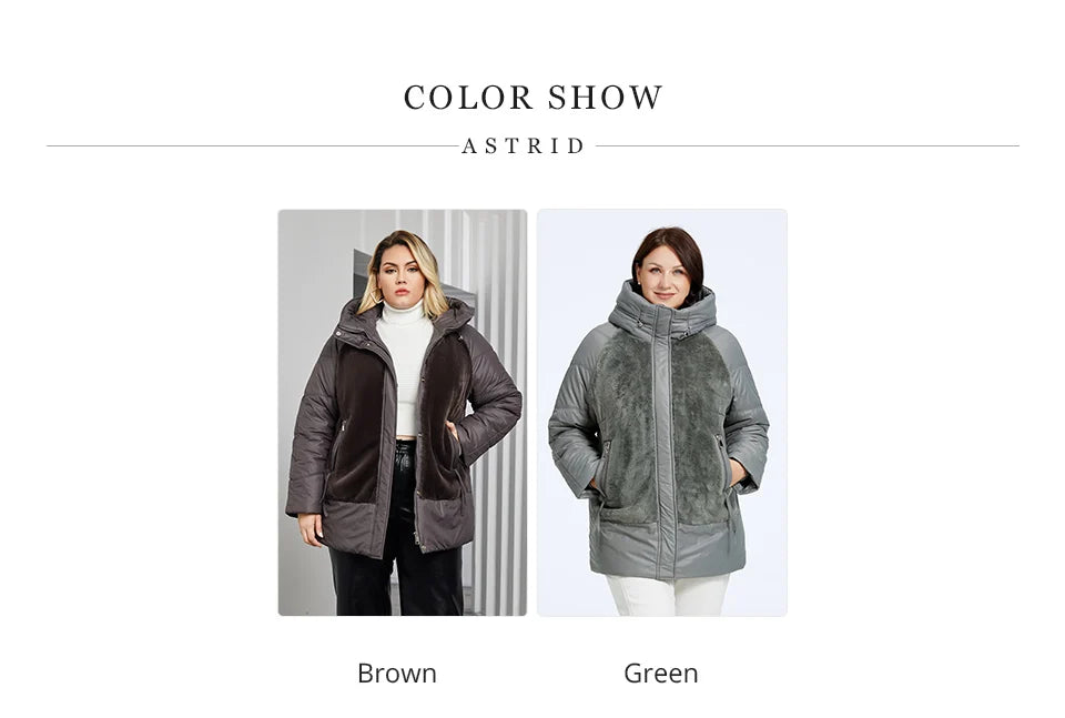Astrid Plus Size Winter Jacket Women Faux Fur Stitching High Quality Wool Warm Fashion Women's Parka Female Plush Coat Hooded