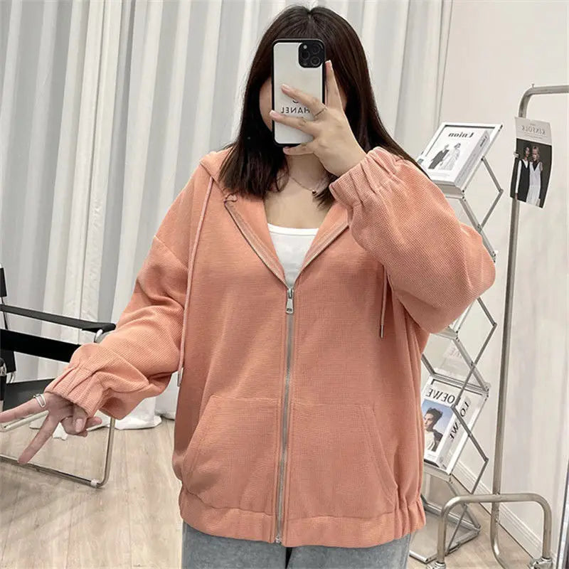 2022 Autumn New Fashion Temperament Korean Plus Size Hoodies Women Loose Casual Waffle Sweatshirt Jacket Solid Elegant Cardigan