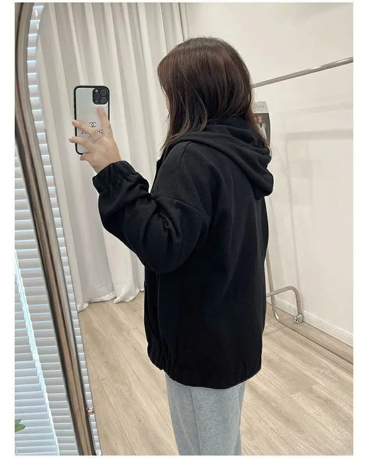 2022 Autumn New Fashion Temperament Korean Plus Size Hoodies Women Loose Casual Waffle Sweatshirt Jacket Solid Elegant Cardigan