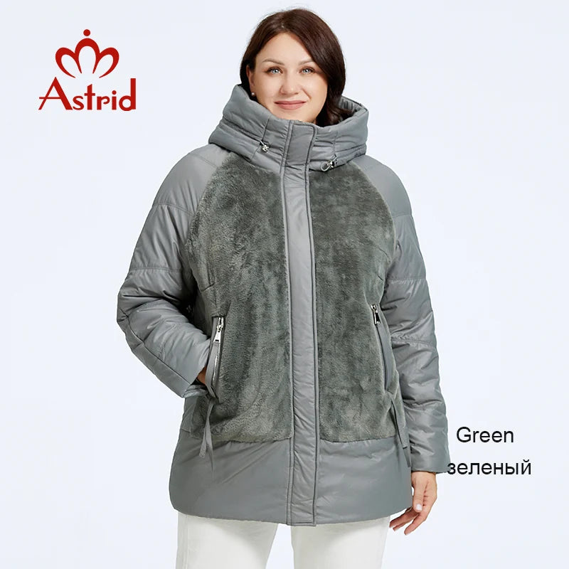 Astrid Plus Size Winter Jacket Women Faux Fur Stitching High Quality Wool Warm Fashion Women's Parka Female Plush Coat Hooded