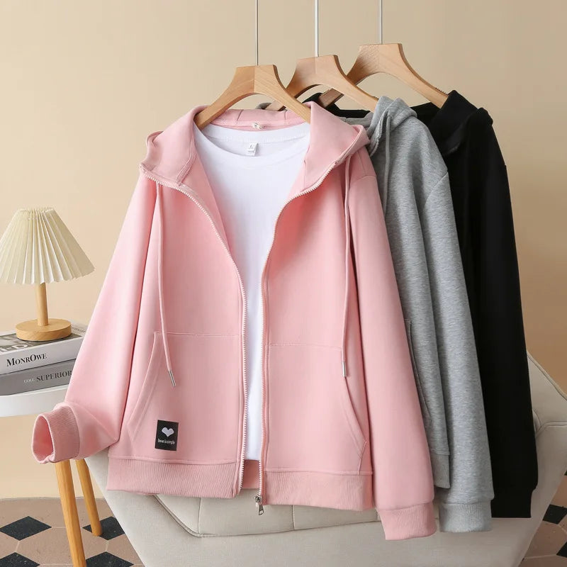 Fall Sports Casual Coat Women 2024 New Plus Size Loose Hooded Sweatshirt Love Label Casual Zip-Up Hoodie 8540