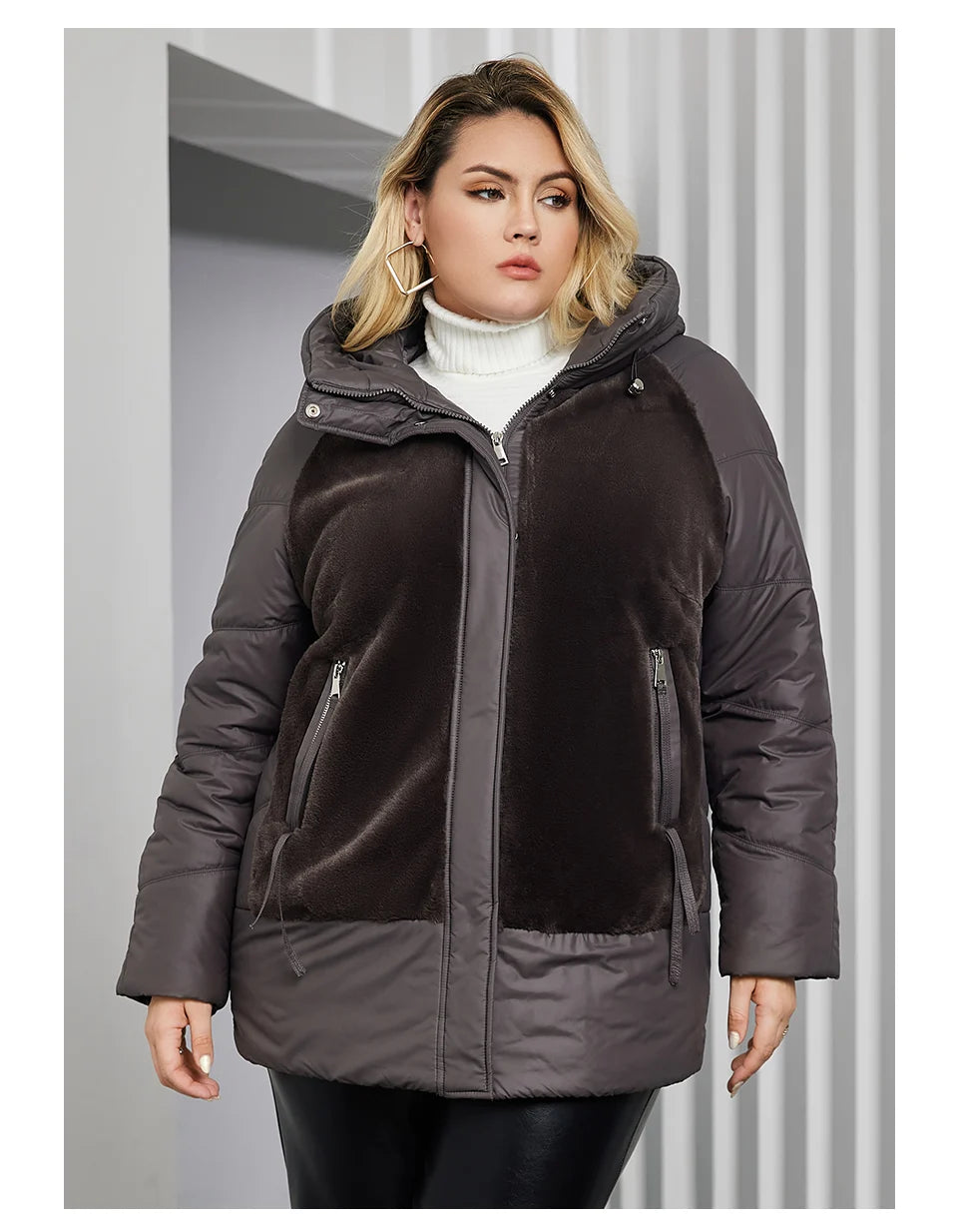 Astrid Plus Size Winter Jacket Women Faux Fur Stitching High Quality Wool Warm Fashion Women's Parka Female Plush Coat Hooded