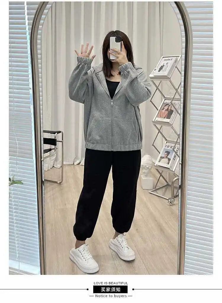 2022 Autumn New Fashion Temperament Korean Plus Size Hoodies Women Loose Casual Waffle Sweatshirt Jacket Solid Elegant Cardigan