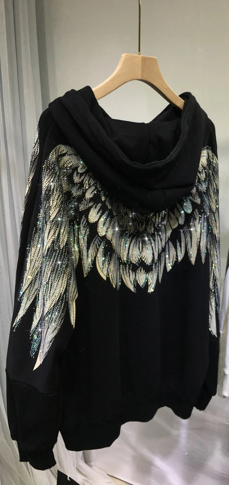 4XL Plus Size Women Clothe Rhinestone Both Wing Hooded Sweatshirt Women Men Couple Long Sleeve Black High Street Luxury Hoodies