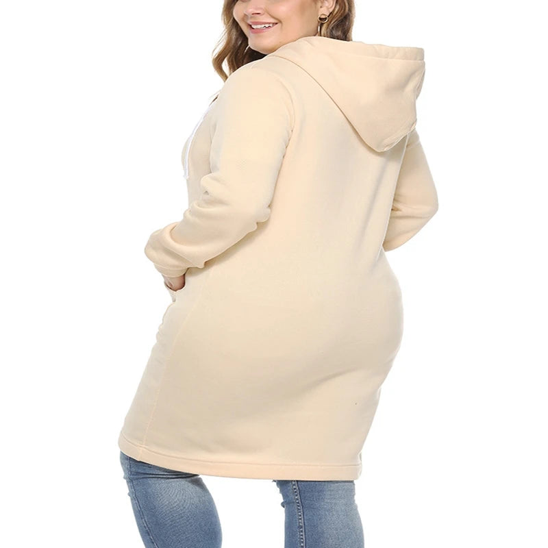 Women's plus size casual hooded sweatshirt, pocket zipper loose solid color coat, autumn and winter sweatshirt,