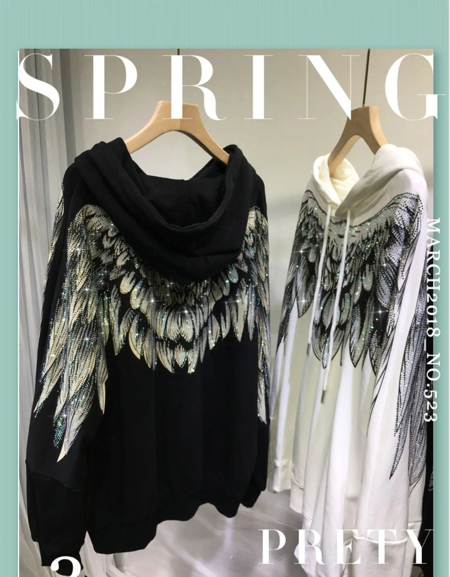 4XL Plus Size Women Clothe Rhinestone Both Wing Hooded Sweatshirt Women Men Couple Long Sleeve Black High Street Luxury Hoodies