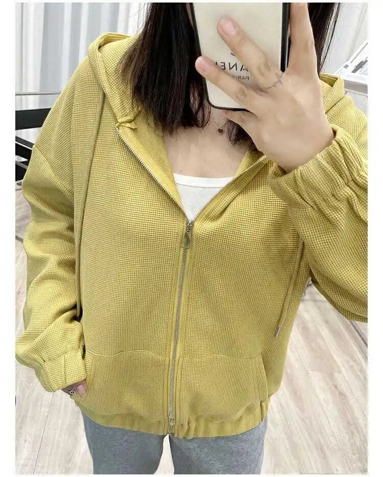 2022 Autumn New Fashion Temperament Korean Plus Size Hoodies Women Loose Casual Waffle Sweatshirt Jacket Solid Elegant Cardigan