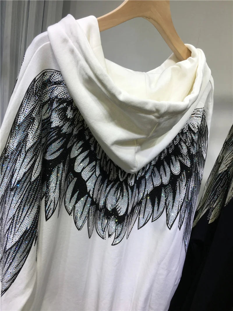 4XL Plus Size Women Clothe Rhinestone Both Wing Hooded Sweatshirt Women Men Couple Long Sleeve Black High Street Luxury Hoodies