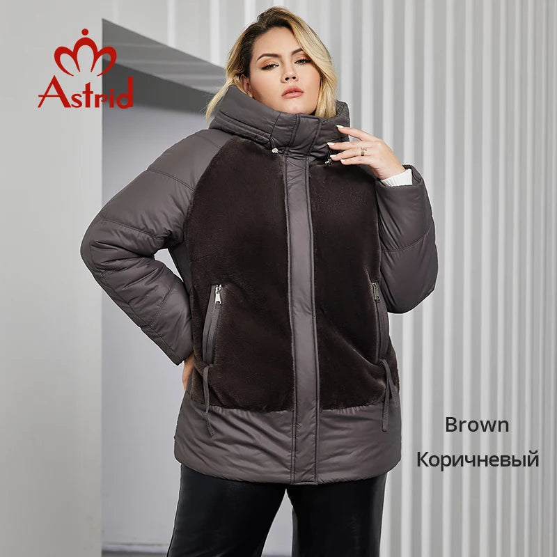 Astrid Plus Size Winter Jacket Women Faux Fur Stitching High Quality Wool Warm Fashion Women's Parka Female Plush Coat Hooded