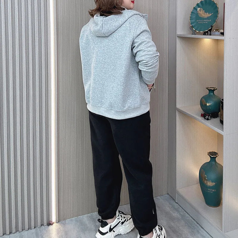 Fall Sports Casual Coat Women 2024 New Plus Size Loose Hooded Sweatshirt Love Label Casual Zip-Up Hoodie 8540