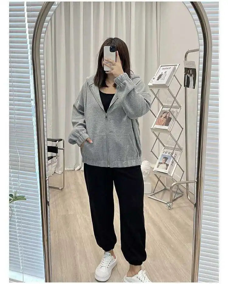 2022 Autumn New Fashion Temperament Korean Plus Size Hoodies Women Loose Casual Waffle Sweatshirt Jacket Solid Elegant Cardigan