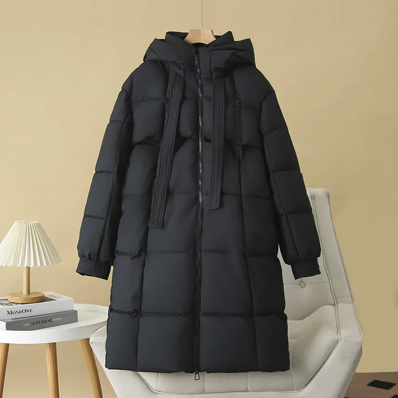 Plus Size Women x-long Parka Winter Loose Design Ribbon Hooded Thicken Warm Cotton-padded Jacket 137