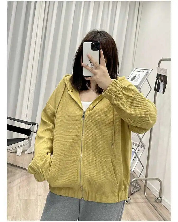 2022 Autumn New Fashion Temperament Korean Plus Size Hoodies Women Loose Casual Waffle Sweatshirt Jacket Solid Elegant Cardigan